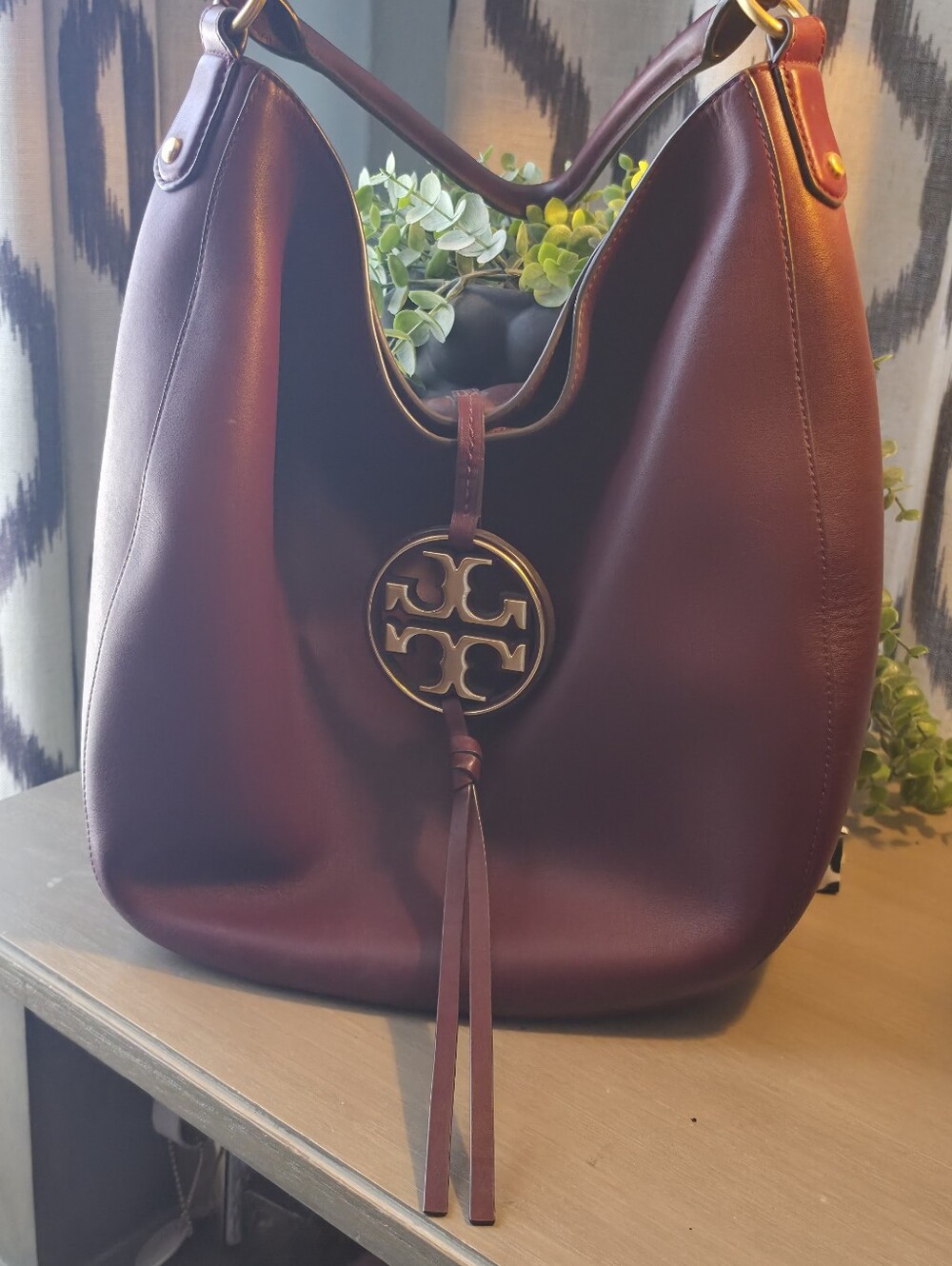 Tory Burch Burgundy Leather Hobo with Logo Tassel